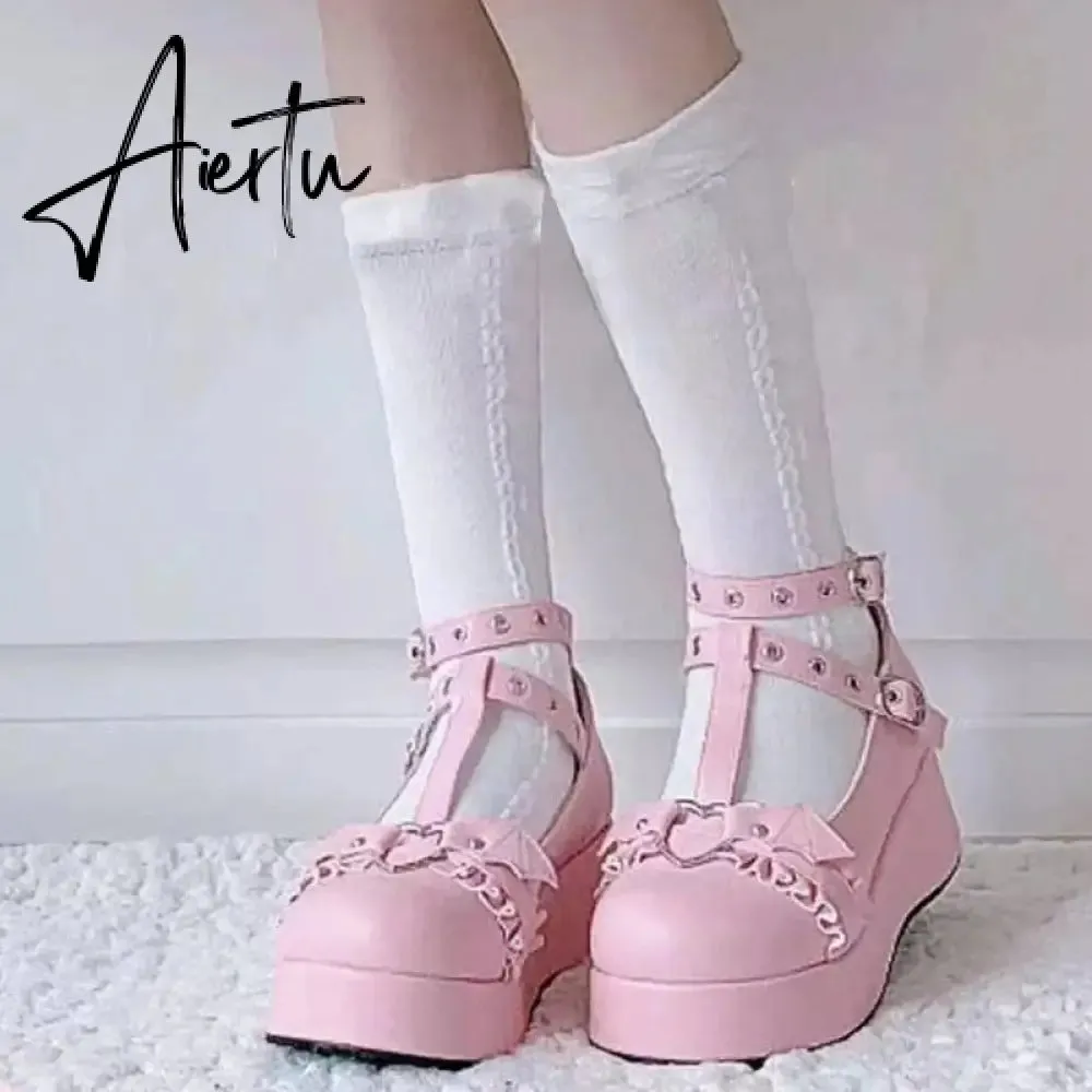 New Sweet Heart Buckle Wedges Mary Janes Women Pink T-Strap Chunky Platform Lolita Shoes Woman Punk Gothic Cosplay Shoes 43