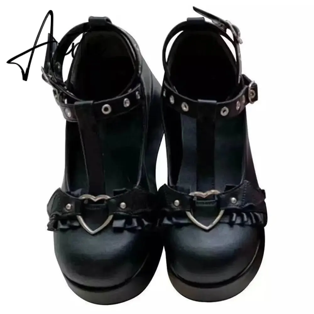 New Sweet Heart Buckle Wedges Mary Janes Women Pink T-Strap Chunky Platform Lolita Shoes Woman Punk Gothic Cosplay Shoes 43