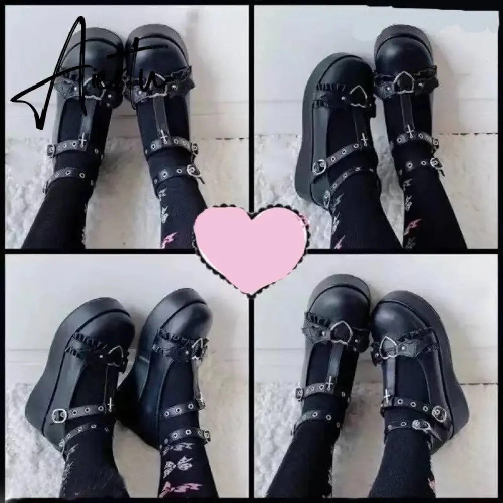 New Sweet Heart Buckle Wedges Mary Janes Women Pink T-Strap Chunky Platform Lolita Shoes Woman Punk Gothic Cosplay Shoes 43