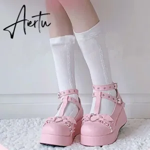 New Sweet Heart Buckle Wedges Mary Janes Women Pink T-Strap Chunky Platform Lolita Shoes Woman Punk Gothic Cosplay Shoes 43