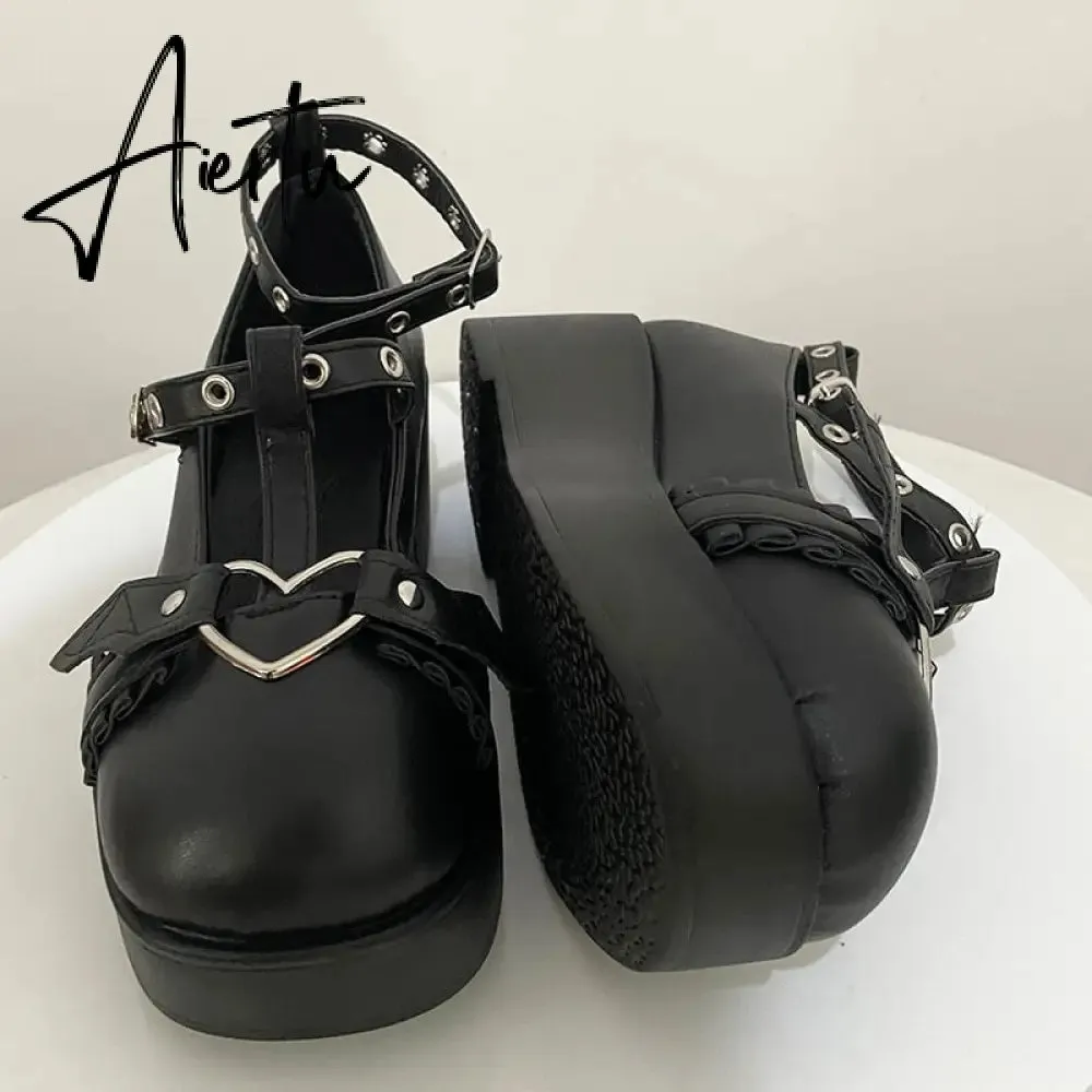 New Sweet Heart Buckle Wedges Mary Janes Women Pink T-Strap Chunky Platform Lolita Shoes Woman Punk Gothic Cosplay Shoes 43