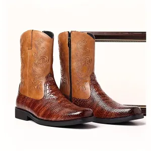 Plus Size Men's Vintage High Top Cowboy Boots With Side Zipper, Comfy Non Slip Durable Casual Riding Shoes For Men's Outdoor Activities