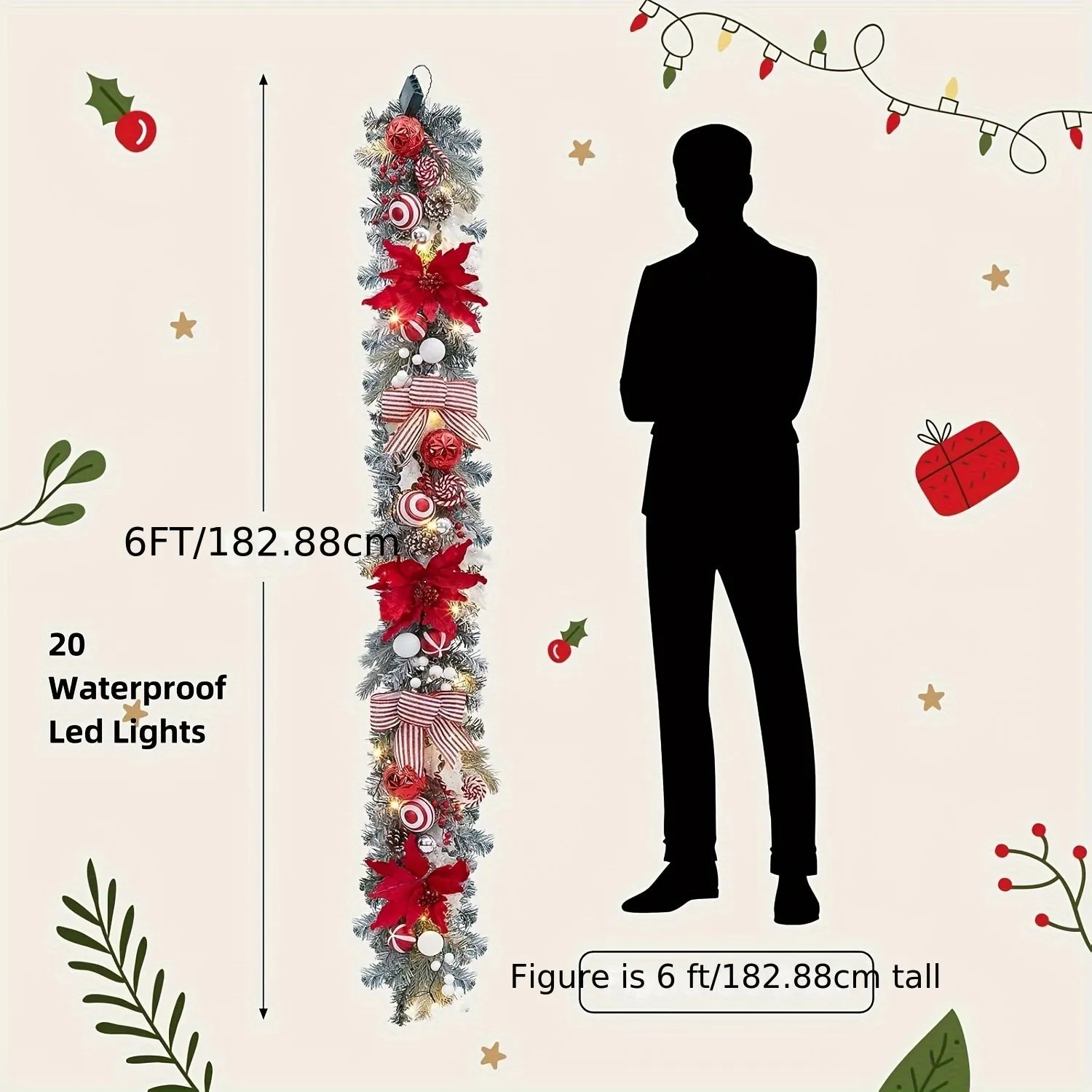Pre-Lit Christmas Garland with Lights for Mantle, 6 feet Lighted Xmas Garland with Red Flowers Xmas Balls Bows for Front Door Fireplace Table Centerpiece Outdoor Window Decor