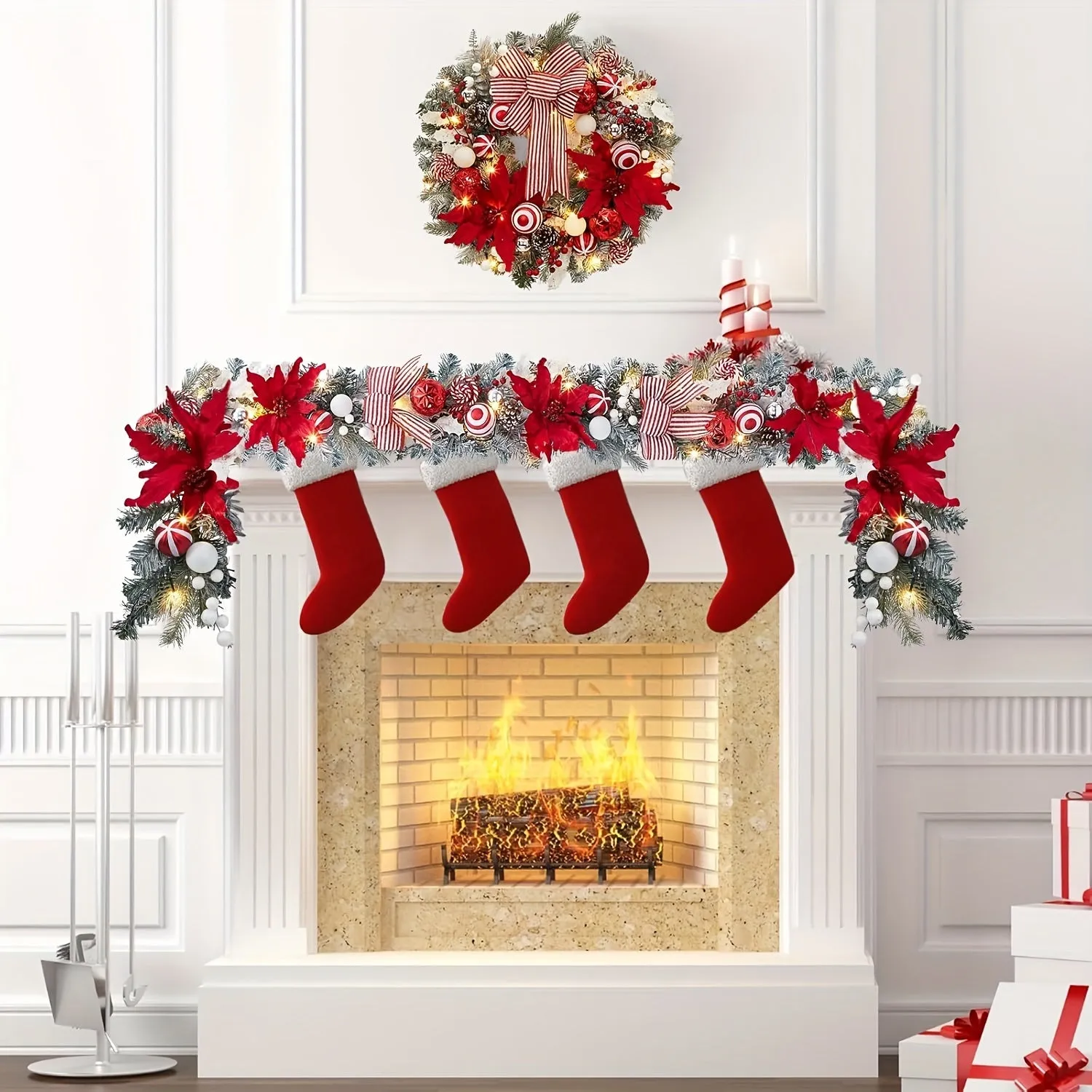 Pre-Lit Christmas Garland with Lights for Mantle, 6 feet Lighted Xmas Garland with Red Flowers Xmas Balls Bows for Front Door Fireplace Table Centerpiece Outdoor Window Decor
