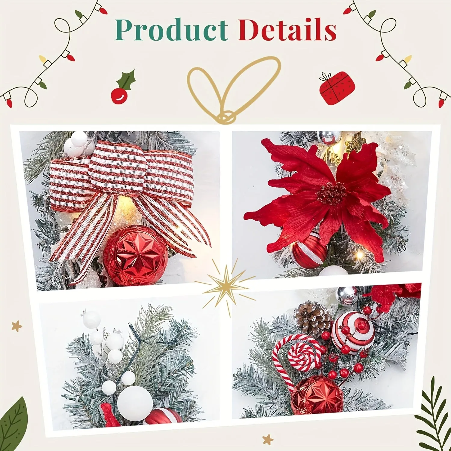 Pre-Lit Christmas Garland with Lights for Mantle, 6 feet Lighted Xmas Garland with Red Flowers Xmas Balls Bows for Front Door Fireplace Table Centerpiece Outdoor Window Decor