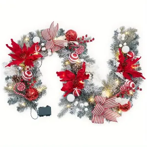 Pre-Lit Christmas Garland with Lights for Mantle, 6 feet Lighted Xmas Garland with Red Flowers Xmas Balls Bows for Front Door Fireplace Table Centerpiece Outdoor Window Decor