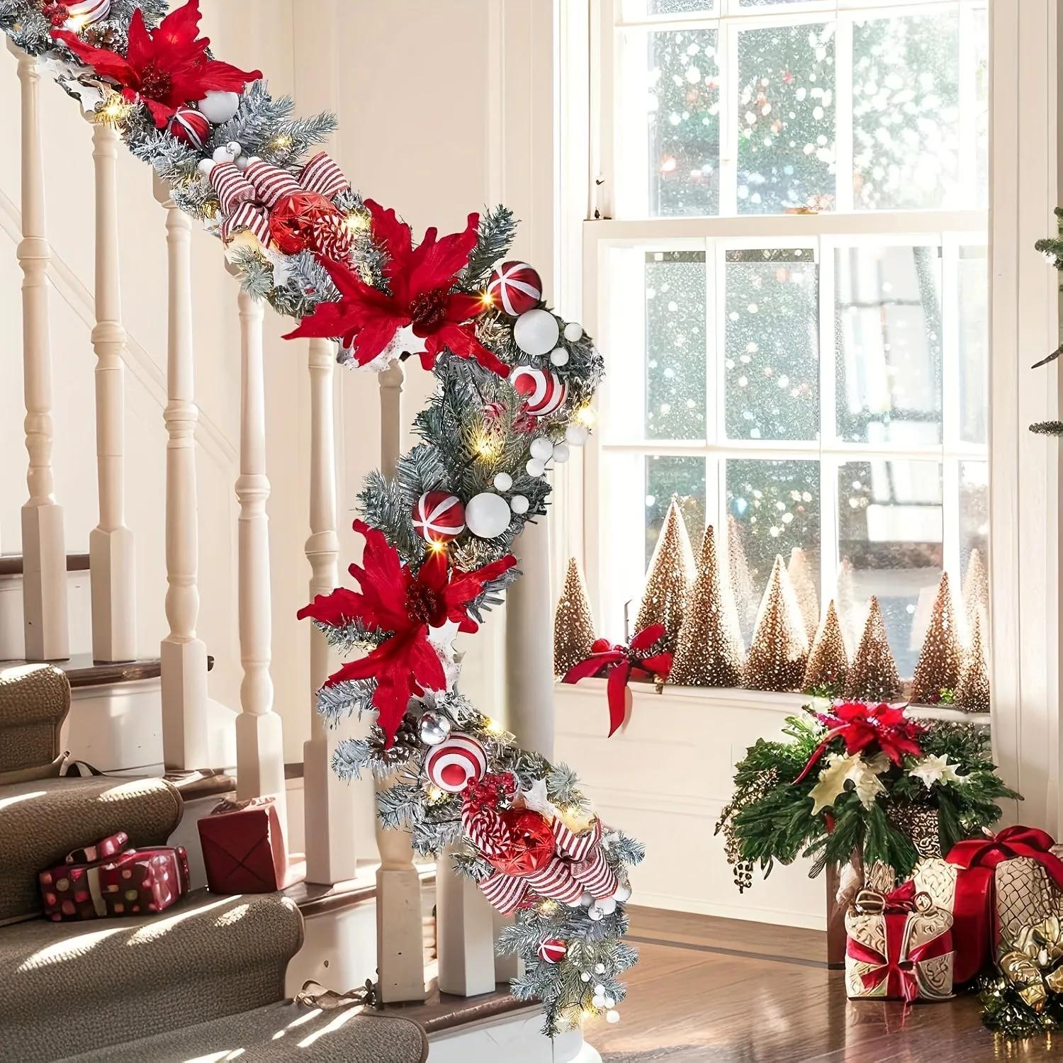 Pre-Lit Christmas Garland with Lights for Mantle, 6 feet Lighted Xmas Garland with Red Flowers Xmas Balls Bows for Front Door Fireplace Table Centerpiece Outdoor Window Decor