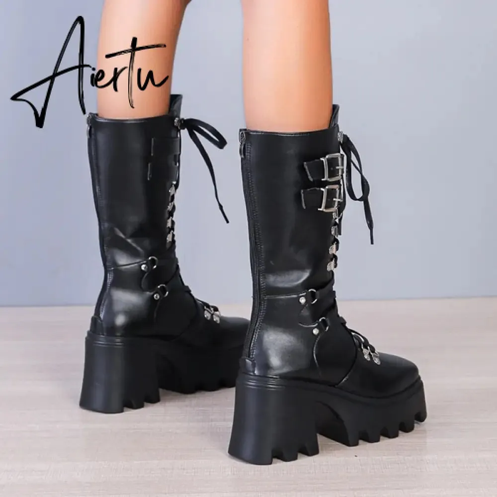 Punk Thick Platform Long Boots Women Autumn Metal Buckle Pu Leather Boots Shoes Woman Chunky Heels Mid Calf Botas Mujer