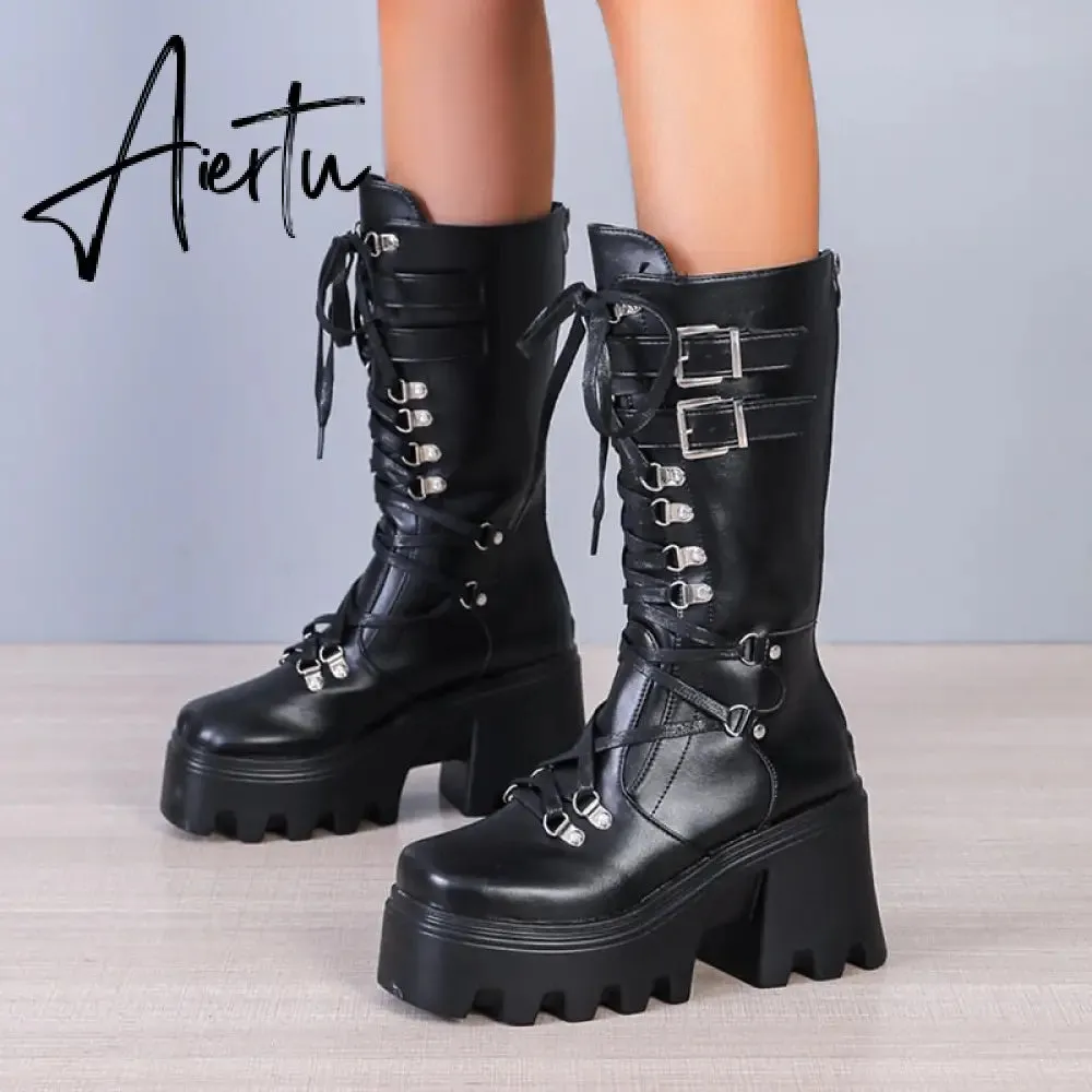 Punk Thick Platform Long Boots Women Autumn Metal Buckle Pu Leather Boots Shoes Woman Chunky Heels Mid Calf Botas Mujer