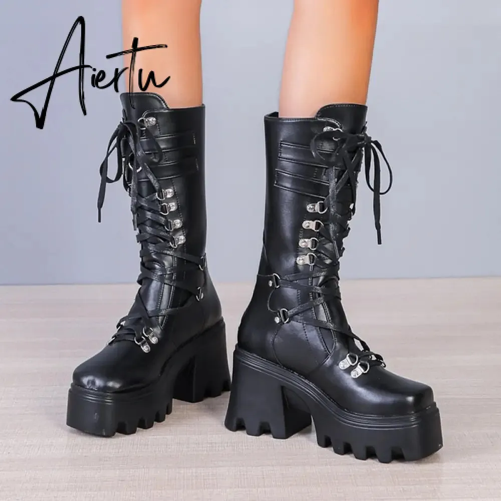 Punk Thick Platform Long Boots Women Autumn Metal Buckle Pu Leather Boots Shoes Woman Chunky Heels Mid Calf Botas Mujer