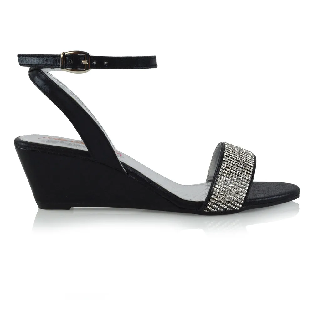 REAGAN DIAMANTE SPARKLY FRONT STRAP BUCKLE DETAIL SANDAL WEDGE LOW HEELS IN BLACK