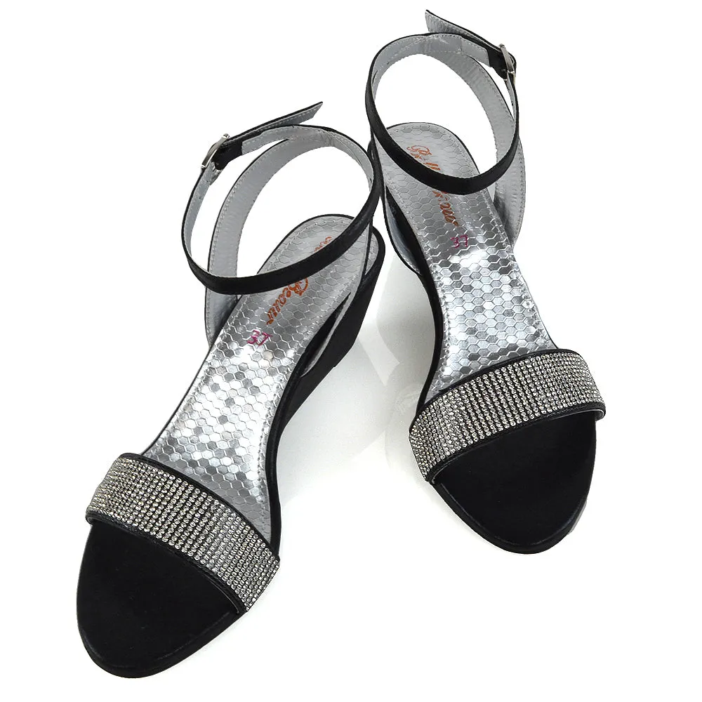 REAGAN DIAMANTE SPARKLY FRONT STRAP BUCKLE DETAIL SANDAL WEDGE LOW HEELS IN BLACK