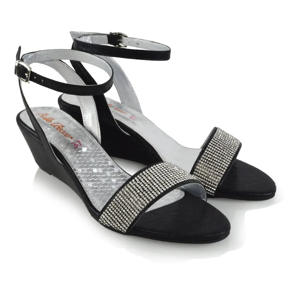 REAGAN DIAMANTE SPARKLY FRONT STRAP BUCKLE DETAIL SANDAL WEDGE LOW HEELS IN BLACK