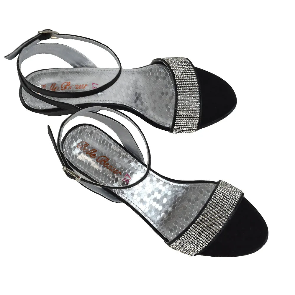 REAGAN DIAMANTE SPARKLY FRONT STRAP BUCKLE DETAIL SANDAL WEDGE LOW HEELS IN BLACK
