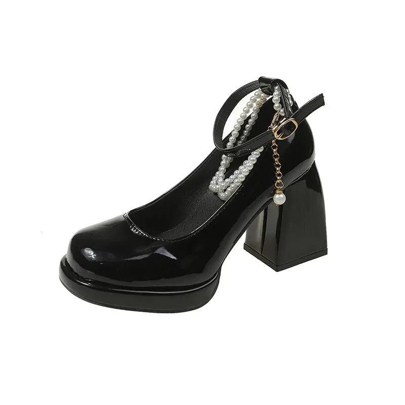 Sohiwoo Fashion Ankle Strap Pearl Pumps for Women 2024 New High Heels Platform Mary Janes Woan Round Toe Thick Heel Party Shoes Female