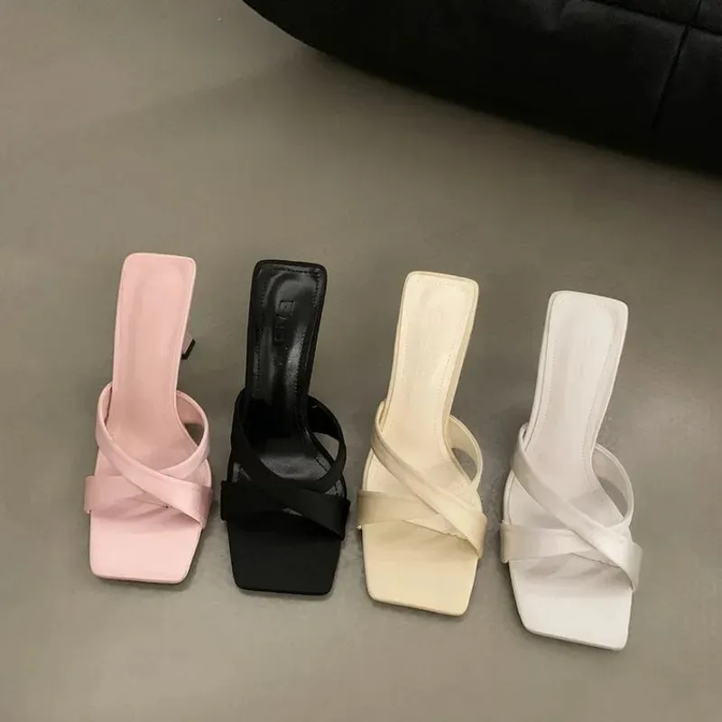 Sohiwoo Summer 2024 Women's Slippers New Open Toe Thin Heels Outdoor Ladies Slippers Dress Party Shoes Mules Women Shoes