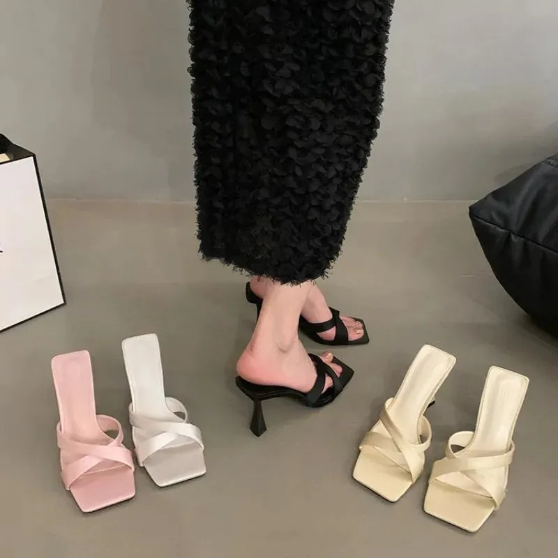 Sohiwoo Summer 2024 Women's Slippers New Open Toe Thin Heels Outdoor Ladies Slippers Dress Party Shoes Mules Women Shoes