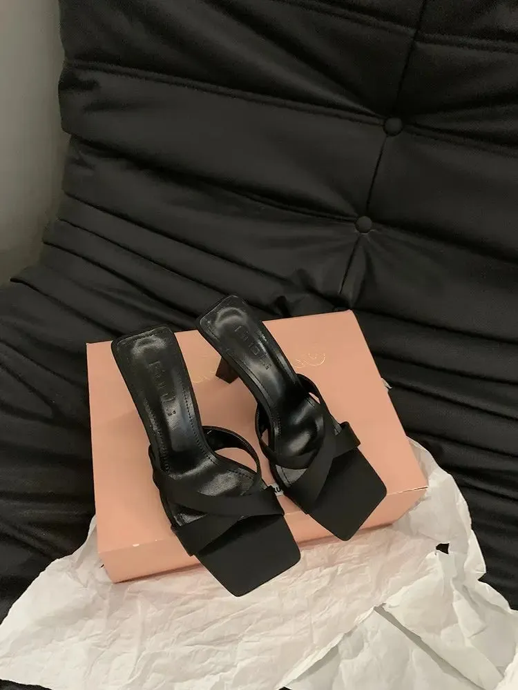 Sohiwoo Summer 2024 Women's Slippers New Open Toe Thin Heels Outdoor Ladies Slippers Dress Party Shoes Mules Women Shoes