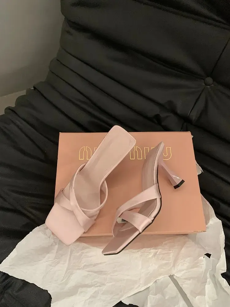 Sohiwoo Summer 2024 Women's Slippers New Open Toe Thin Heels Outdoor Ladies Slippers Dress Party Shoes Mules Women Shoes
