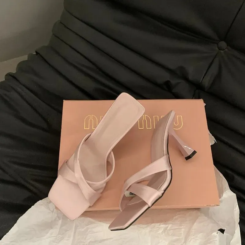Sohiwoo Summer 2024 Women's Slippers New Open Toe Thin Heels Outdoor Ladies Slippers Dress Party Shoes Mules Women Shoes