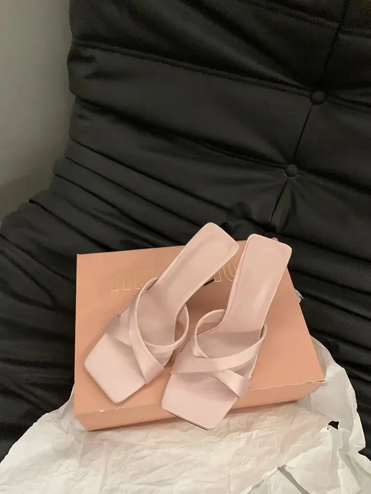Sohiwoo Summer 2024 Women's Slippers New Open Toe Thin Heels Outdoor Ladies Slippers Dress Party Shoes Mules Women Shoes