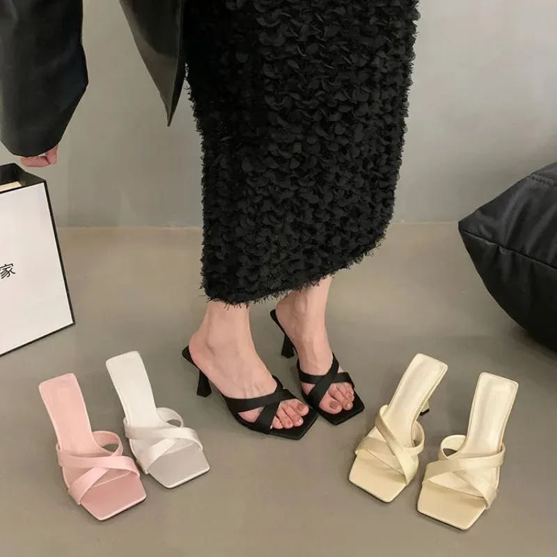 Sohiwoo Summer 2024 Women's Slippers New Open Toe Thin Heels Outdoor Ladies Slippers Dress Party Shoes Mules Women Shoes