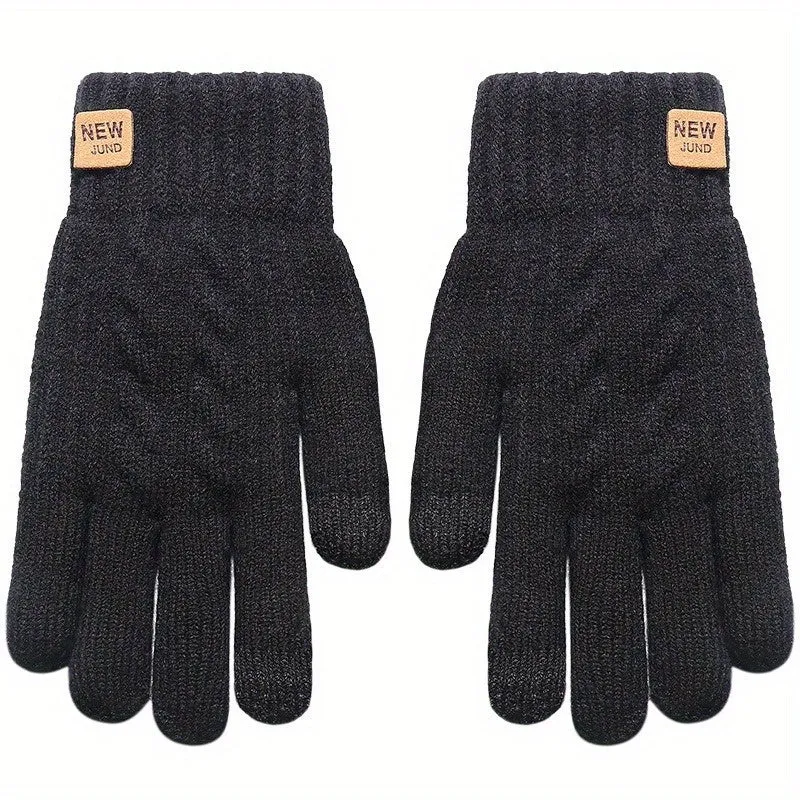 Touchscreen-Compatible Winter Gloves - Warm, Stretchy Knit With Imitation Wool Lining, Full Finger Design For Outdoor Activities