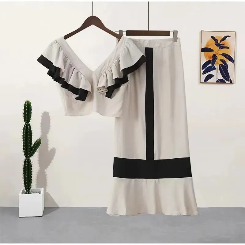 Whitedress summer V neck dress suit high waist skirt set outdoor vacation dresses leisure luxury two-piece set solid color sleeveless Ruffles Crop Top Dress Suit