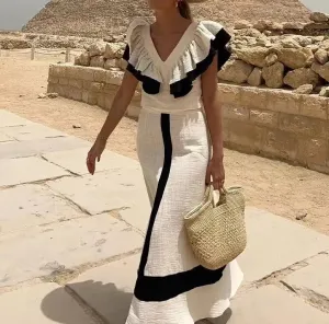 Whitedress summer V neck dress suit high waist skirt set outdoor vacation dresses leisure luxury two-piece set solid color sleeveless Ruffles Crop Top Dress Suit