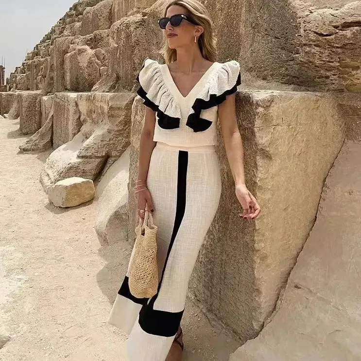 Whitedress summer V neck dress suit high waist skirt set outdoor vacation dresses leisure luxury two-piece set solid color sleeveless Ruffles Crop Top Dress Suit