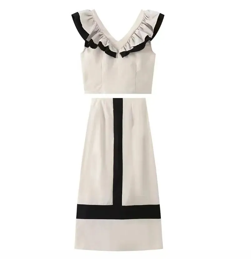 Whitedress summer V neck dress suit high waist skirt set outdoor vacation dresses leisure luxury two-piece set solid color sleeveless Ruffles Crop Top Dress Suit