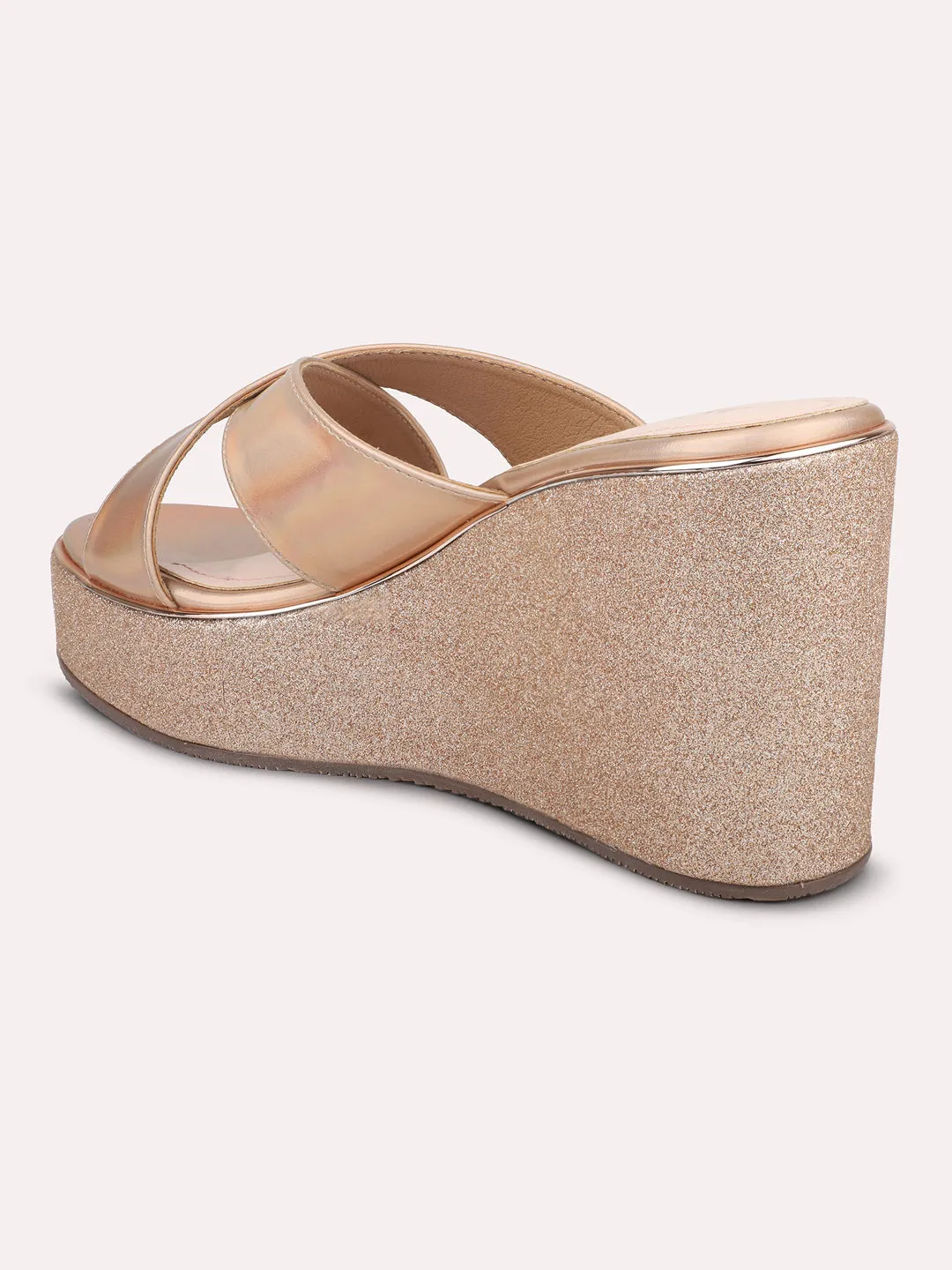 Women Rose Gold-Toned Shimmery Cross Strap Wedge Heels