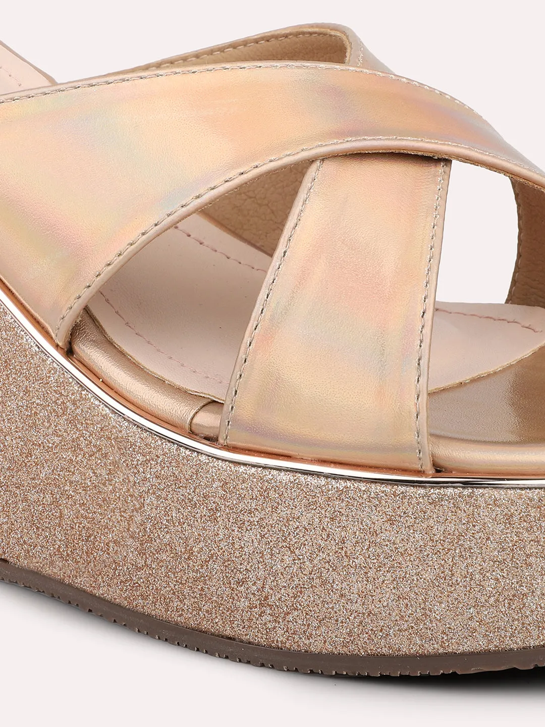 Women Rose Gold-Toned Shimmery Cross Strap Wedge Heels