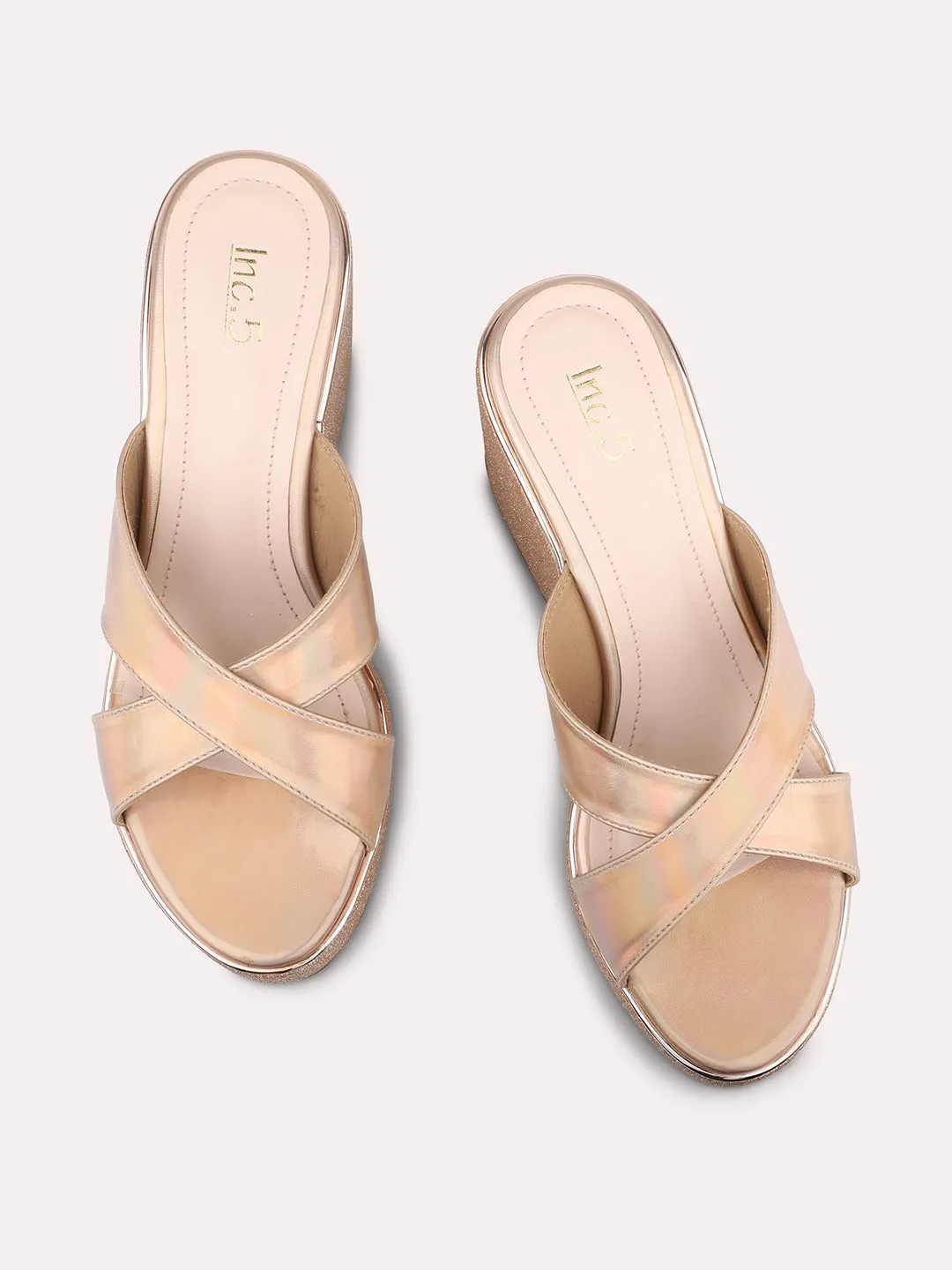 Women Rose Gold-Toned Shimmery Cross Strap Wedge Heels