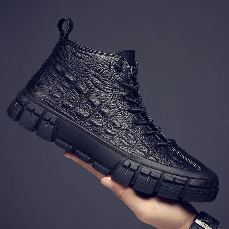 Yeknu Winter New Men&#39;s High-Top Simple Temperament Leisure  Leather Shoes Mid-Top Martin Boots Light Weight British  Wild Trendy Shoes
